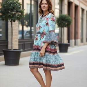 Alice + Olivia Floral 3/4 Sleeve Dress - Blue and Pink.